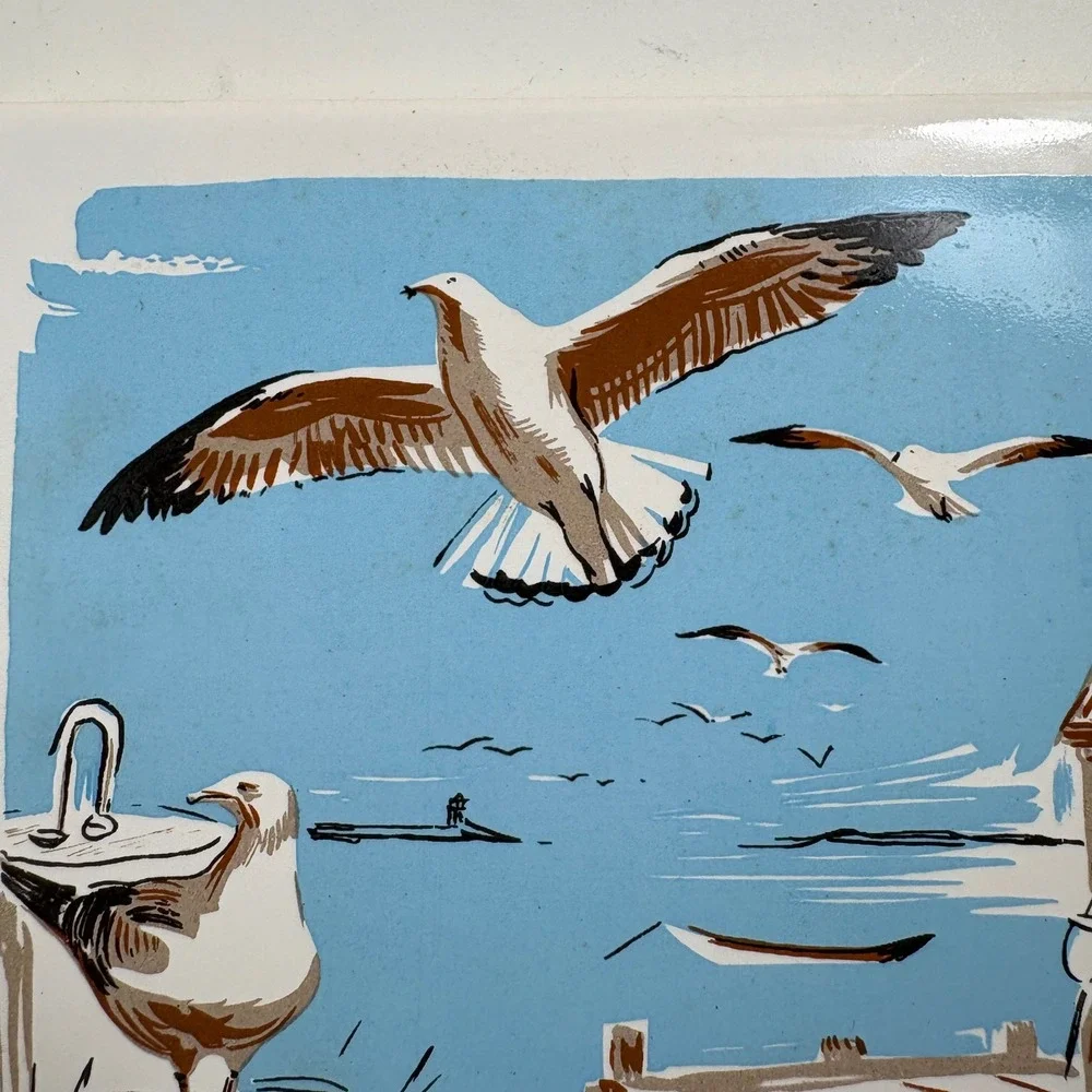 Vintage Screen Craft Seagull‎ Ceramic Tile Coastal Wall Art Hand Decorated